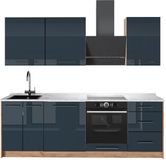 Vicco Complete keukeneenheid Fame-Line, Donkerblauw hoogglans/Goudkleurig Eiken, 230 cm, WB Marmer