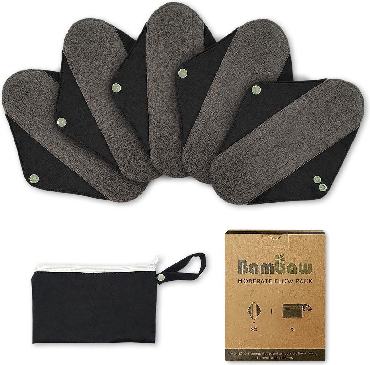 Bambaw Herbruikbaar Maandverband met Discreet Tasje | Medium Flow | Bamboe Maandverband | Zero Waste | Herbruikbaar Maandverband | Uitwasbare Inlegkruisjes Set | Bamboe Maandverband |