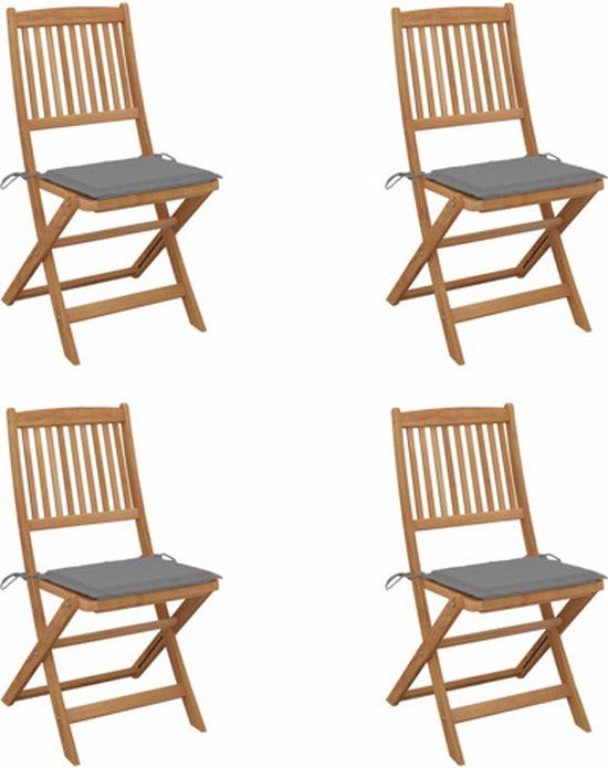 vidaXL Set van 4 klapstoelen met kussens, massief acaciahout, grijs