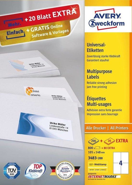 Avery 3483-200 Universele Etiketten - 105x148mm - Wit
