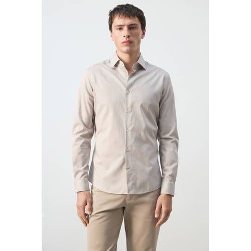Mango Man slim gestreepte zakelijk overhemd beige