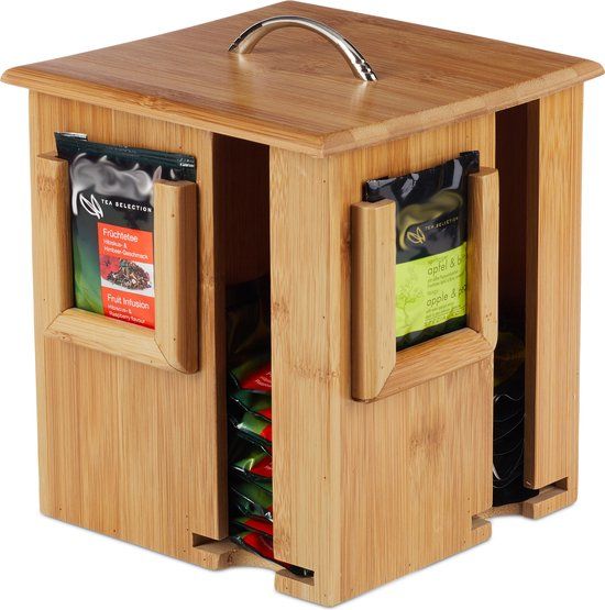 Relaxdays Thee Organizer - Draaibaar - Bamboe - 4 Vaks - Voor ca. 160 Theezakjes