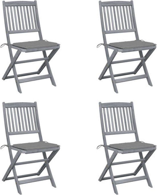 vidaXL Set van 4 klapstoelen met kussens, massief acaciahout, grijs