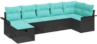 vidaXL Tuinbank Set 7-delig Polyrattan Zwart/Blauw