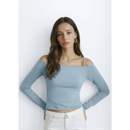 MANGO TEEN off shoulder top lichtblauw fijn gebreid