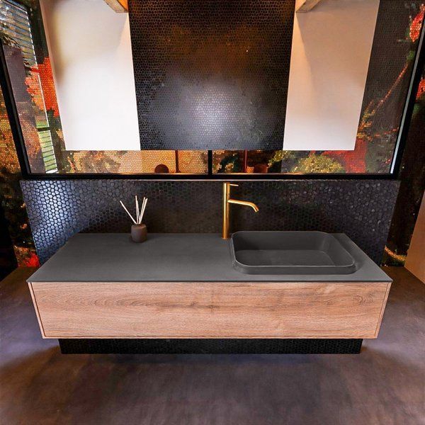 Mondiaz ERIN 150cm badmeubelset Washed oak met 1 lade + Wastafel RIDGE rechts Dark grey