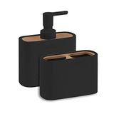 GEDY Melbourne Set van 2 stuks, 1 zeepdispenser en 1 tandenborstelhouder, serie van hars en bamboe met zwarte oppervlakken