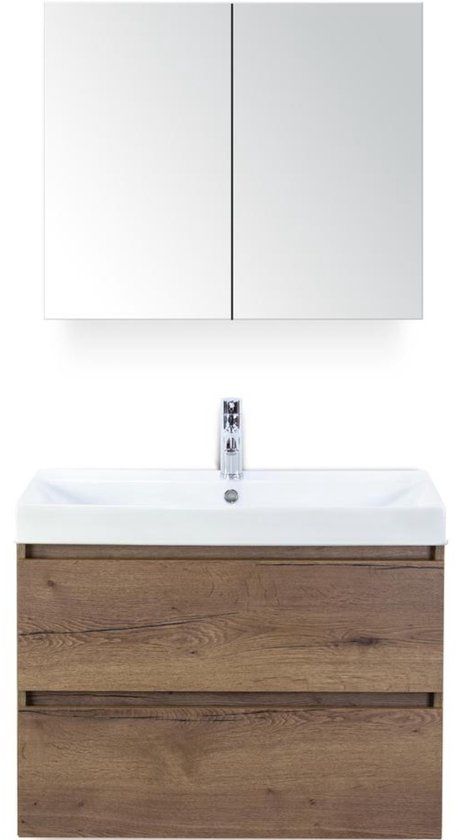 BES LED Maxx XL Badmeubelset 80 cm - Tabacco - Wastafel Just 1 Kraangat met Spiegelkast