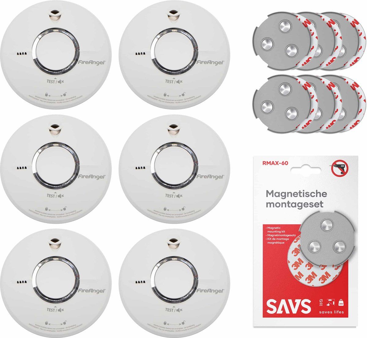 FIRE ANGEL ST-622 Rookmelderset + magnetische montagesets 6-pack - 10 jaar batterij - Inclusief magnetische montagesets - Voordelig 6 pack