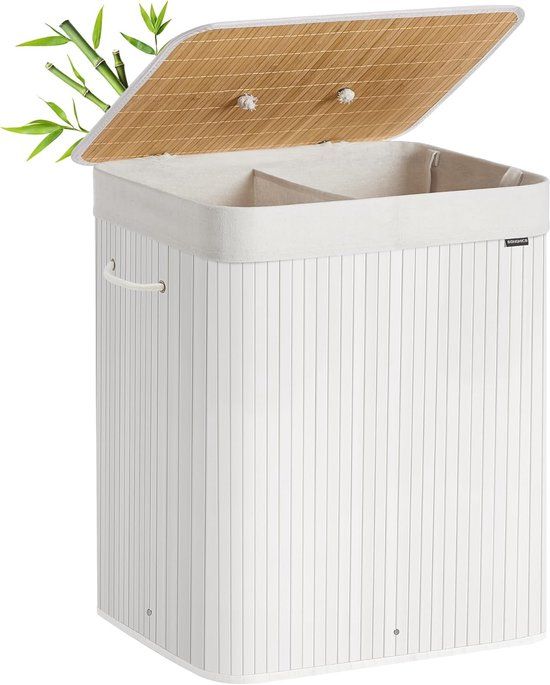 SONGMICS Wasmand met deksel, 2 compartimenten, 120 liter, bamboe, wit LCB014W01