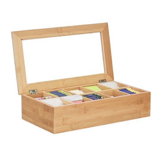 Relaxdays theedoos 10 vakken - bamboe - theekist hout - met deksel en venster - veelzijdig