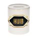 Bellatio Decorations Spaarpot met voornaam Huib - wit - met goud/zwart embleem - 8 x 9 cm - keramiek - met afsluitdop - cadeau verjaardag