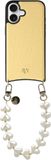 AVY Leren Hoesje Geschikt voor Apple iPhone 16 | Compatibel met MagSafe | Leather Case met Telefoonkoord | Polsband | Croco Geel | Cupid Pearl