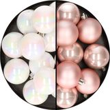 Merkloos / Sans marque Kaemingk B.V. 24x stuks kunststof kerstballen mix van lichtroze en parelmoer wit 6 cm