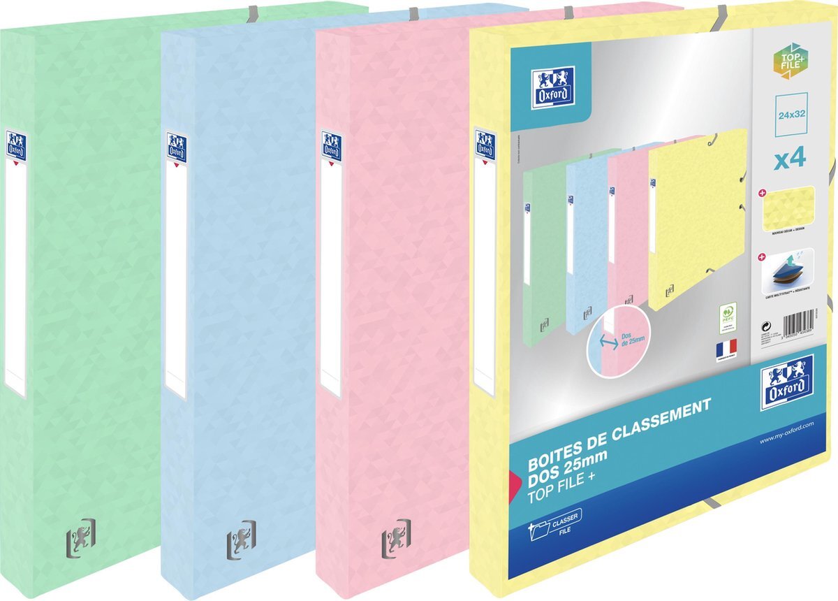 Oxford Top File + - archiefdozen - A4 - 25mm - pastel - pak 4 stuks