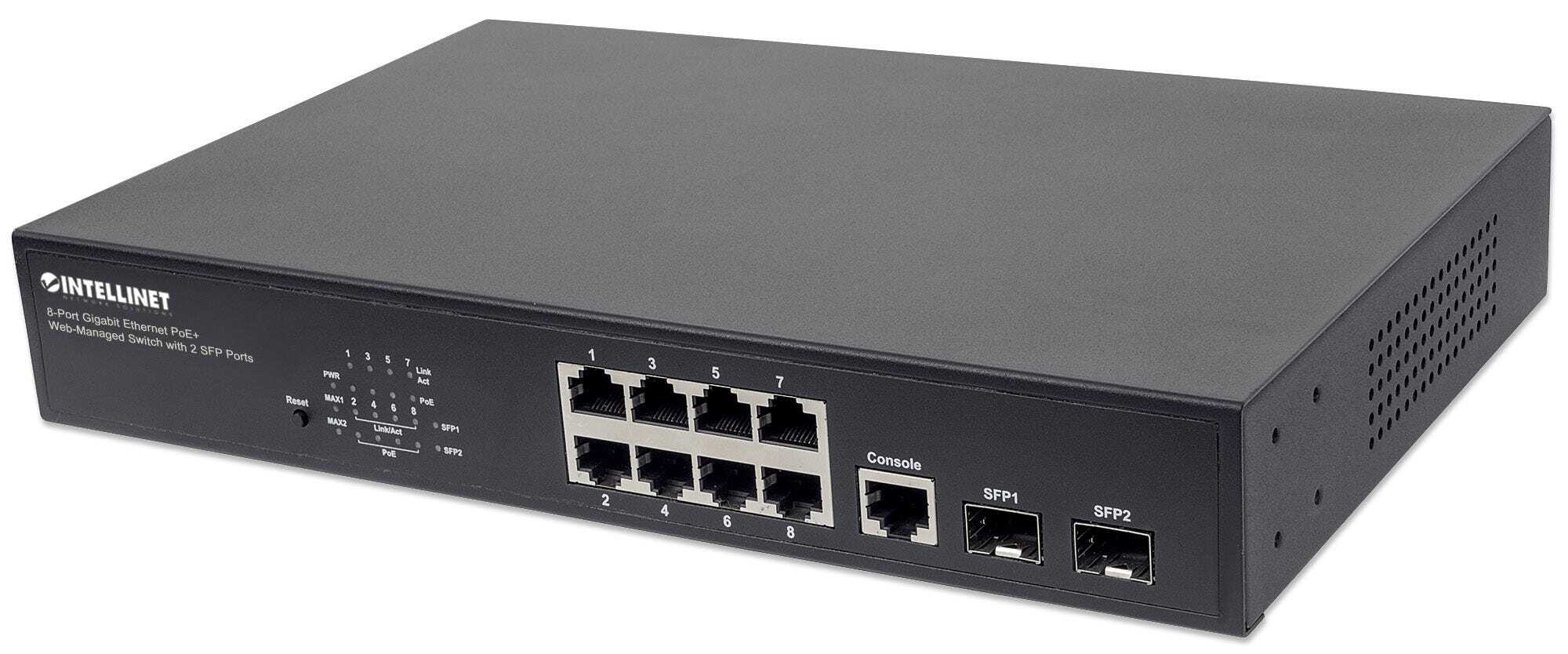 Intellinet 8-Port Gigabit Ethernet PoE+ Web-Managed Switch with 2 SFP Ports, IEEE 802.3at/af Power over Ethernet (PoE+/PoE) Compliant, 140 W, Endspan, Desktop, 19" Rackmount (Euro 2-pin plug)