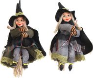 Merkloos / Sans marque Halloween decoratie heksen pop op bezem - 2x - 20 cm - groen/grijs