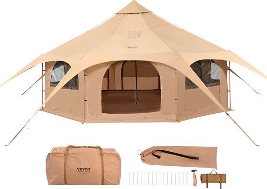 Vevor Bell Tent 5 x 2,8 m Yurttent TC Katoen en Zware Ijzeren Palen Met Een Oxford-Doek Grondzeil Campingtent 8-Persoons Familietent 8 Raamgroeptent voor Buitenavonturen