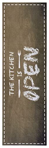 Zala Living Wasbare keukenloper Kitchen is Open (50 x 150 cm, bruin)