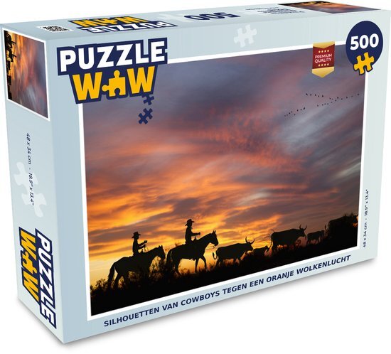 MuchoWow Puzzel Silhouetten van cowboys oranje wolkenlucht - Legpuzzel - Puzzel 500 stukjes - Sinterklaas cadeautjes - Sinterklaas voor grote kinderen