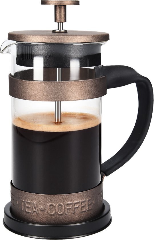 Navaris RVS French press koffiezetapparaat - Cafetiere 0,35 l - Van borosilicaatglas en roestvrij staal - Voor koffie en thee - 8,5 x 16,5 cm - Bruin