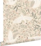 ESTAHome behang zwanen beige, wit en vergrijsd groen - 53 cm x 10.05 m