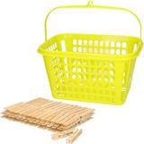 Merkloos / Sans marque Plastic Forte Wasknijpers ophangmandje met haak - groen - gevuld met 120x houten wasknijpers 7 cm - was ophangen