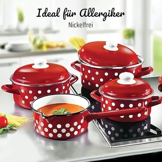 GSW Gäns Stahlwaren GmbH GSW 4-delige Pannenset - Geëmailleerd staal - Rood met witte stippen - Nikkel vrij