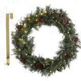 Meisterhome Kerstkrans van 90 cm - Inclusief Ophangbeugel en 70 Warmwitte LED's - Timer - Dennenappels