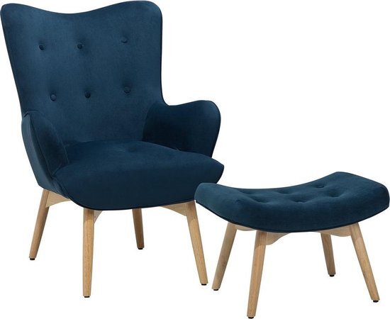 Beliani Sessel mit Hocker - Fauteuil met hocker - Blauw - Fluweel