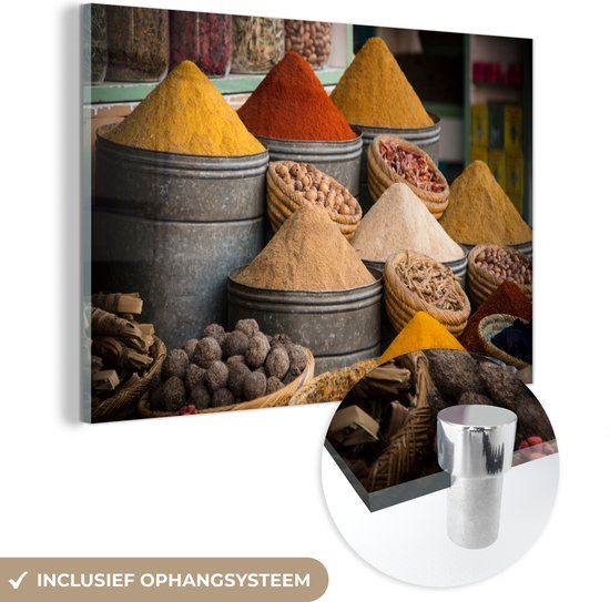 MuchoWow® Glass Painting 150x100 cm - Acrylic Glass Painting - Herbs - Barrel - Spices - Yellow - Brown - Photo on Glass - Paintings