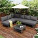 Ensemble de meubles de jardin sans marque, ensemble de salon pour 5-6 personnes, 2 canapés 3 places, 1 table, incluant 7 coussins gris, cadre en fer galvanisé gris foncé avec pieds de protection