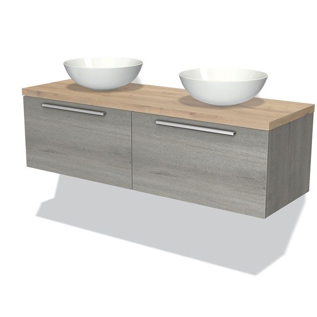 Maxaro Badkamermeubel Modulo Plato 140cm Grijs Eiken 2 Lades Lichtbruin Eiken Blad