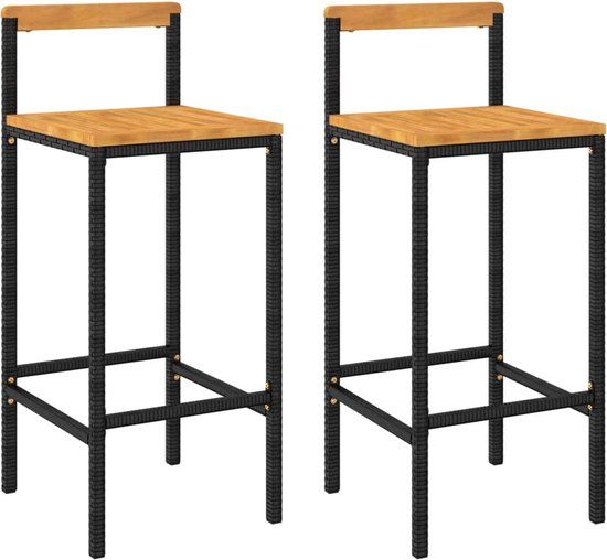 vidaXL Barkrukken 2 stuks poly rattan en massief acaciahout zwart
