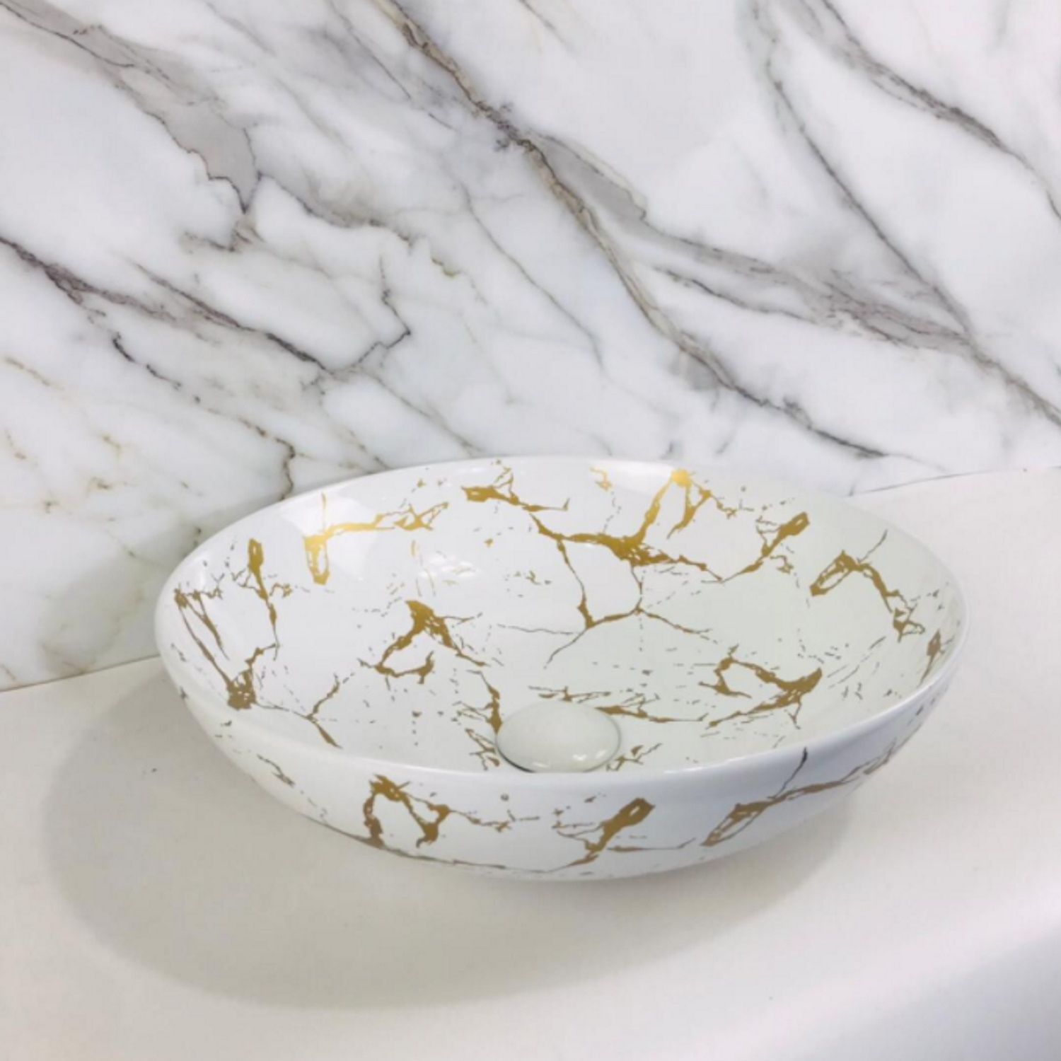 Boss & Wessing Raja Waskom 40 cm - Gouden Marmerlook Wit - 8719304978879