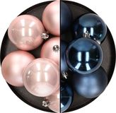 Merkloos / Sans marque Kaemingk B.V. 12x stuks kunststof kerstballen 8 cm mix van lichtroze en donkerblauw