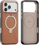 TORRAS Ostand Q Pro Leather - Hoesje Geschikt voor Apple iPhone 17 Pro Max - Compatibel met MagSafe - 360° Draaibare Magnetische Standaard - Back Cover Kickstand Ring - Bruin