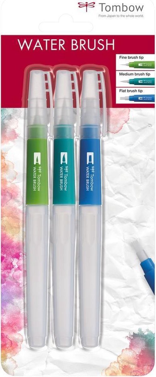 Tombow water brush (leeg) fijne middelfijne en platte punt set 3 st WB-3P