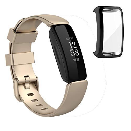 Yikamosi Compatibel met Fitbit inspire 2 Bandje/beschermhoes,Snelle release Zachte TPE Roestvrij stalen sluiting Vervangende Bandje & Soft Tpu Cover voor Fitbit inspire 2,Klein-Champagne