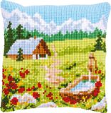 Vervaco Kruissteekkussen kit - Bergweide met bloemen & huisje - 40 x 40 cm