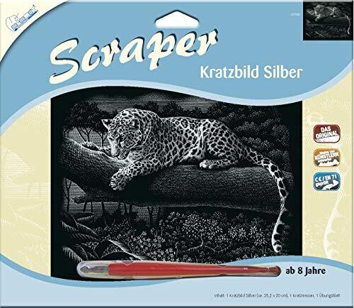 Mammut Spiel & Geschenk MAMMUT 137002 Krabafbeelding, motief luipaard, zilver, glanzend, dwars, complete set met krabmes en oefenblad, schraper, kras, krabbel, krasset voor kinderen vanaf 8 jaar