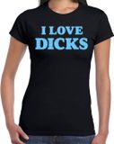 Bellatio Decorations Foute party t-shirt dames - I love dicks - zwart - glitter blauw - themafeest L
