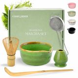 Comforder Matcha Set - 5 Delige Starterkit - Whisk & Klopper, Houder, Lepel, RVS Zeef & Bowl - 500ml Kom met Schenktuit - Keramiek - Japanse Cadeauset Kit - Thee Set Groen