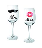 Out of the blue Mr en Mrs Wijnglas met kusmond & snor decor | ca. 430 ml | set van 2