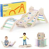 COSYLAND Klimrek Indoor M – Speelset 8-in-1 met Klimboog, Klimdriehoek en Glijbaan – Massief Houten Speeltoestel – Vanaf 18 Maanden – Natuurlijk/Koel