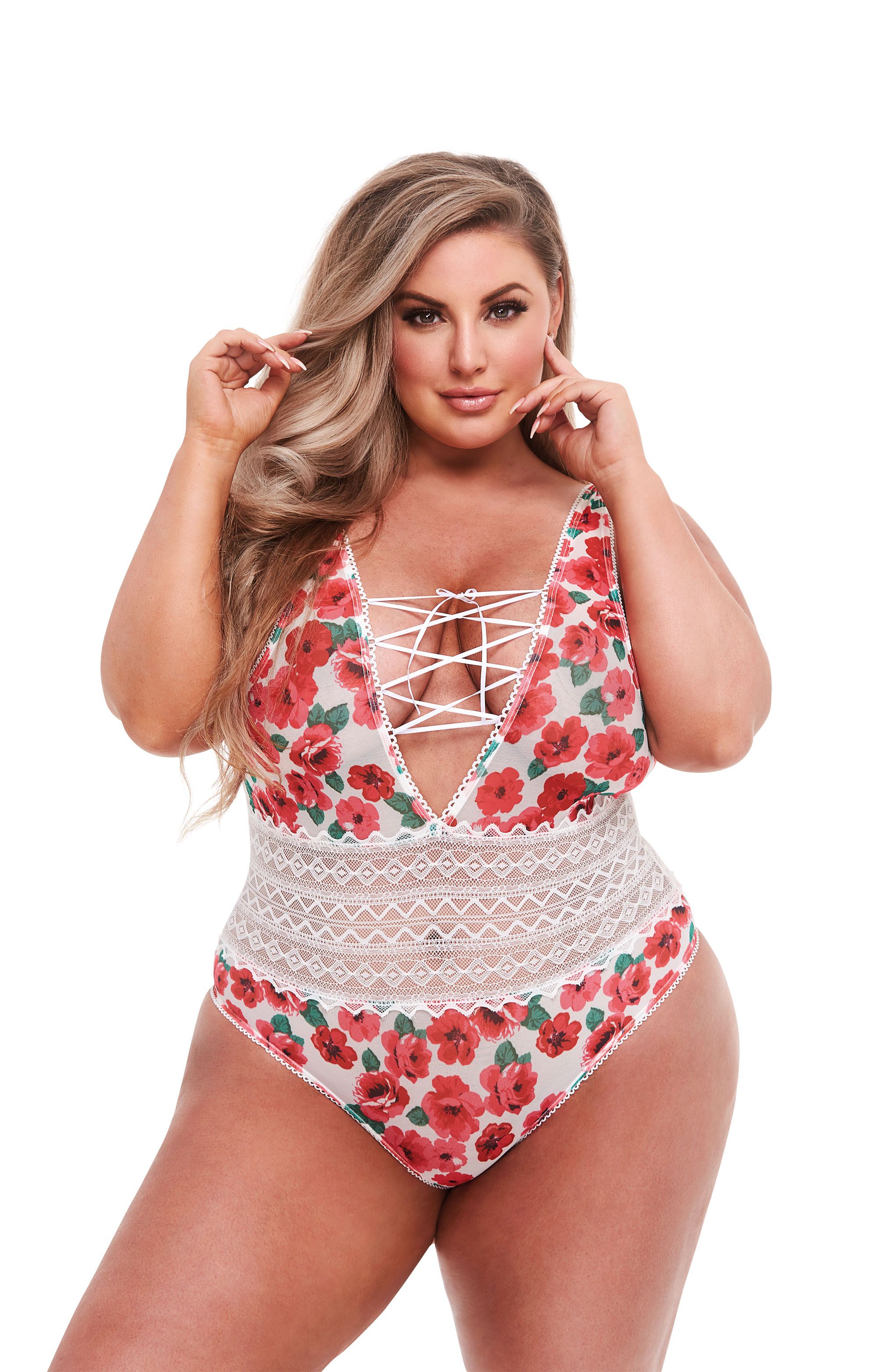 Body met vetersluiting, bloemen en wit kant