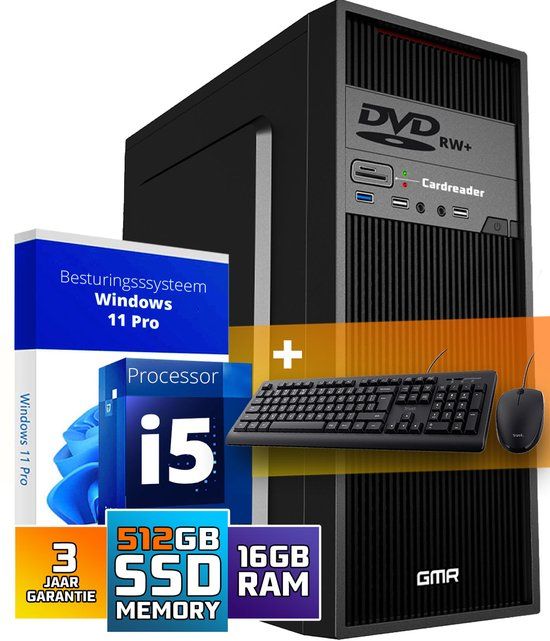 GMR Intel Core i5 Desktop PC - 16GB RAM, 500GB SSD, Windows 11 Pro, Includes Mouse & Keyboard