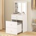 Coiffeuse compacte avec miroir et tabouret rembourré, meuble de maquillage blanc avec armoire, tiroirs et étagères ouvertes