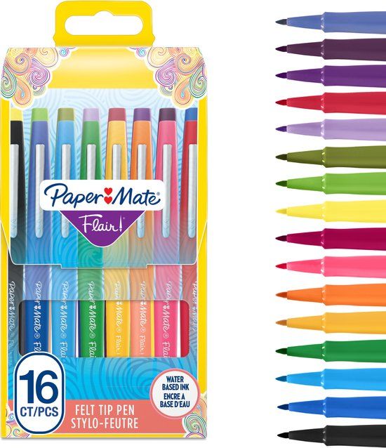 Paper Mate Flair-viltstiften | Medium punt (0,7 mm) | Diverse kleuren | Etui met 16 stuks