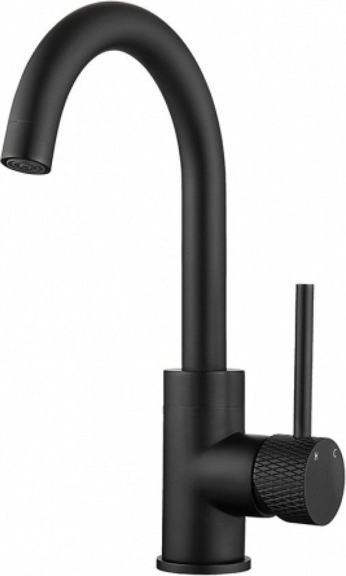 Wiesbaden Ribbd wastafelmengkraan mat zwart 29cm draaibare uitloop